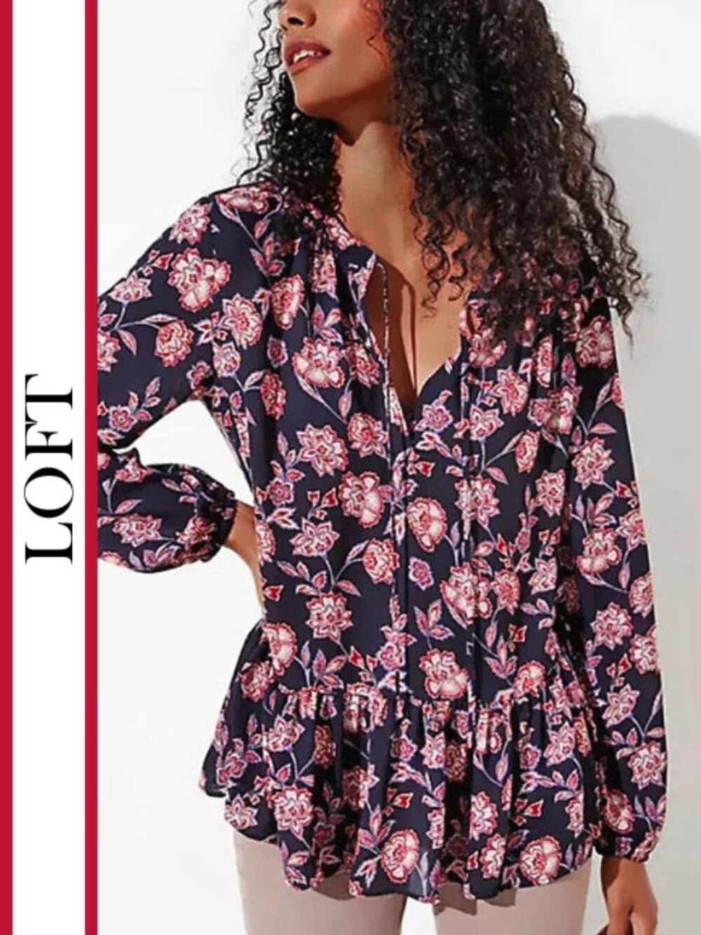 Loft | Floral Garden Tie Neck Flounce Hem Top